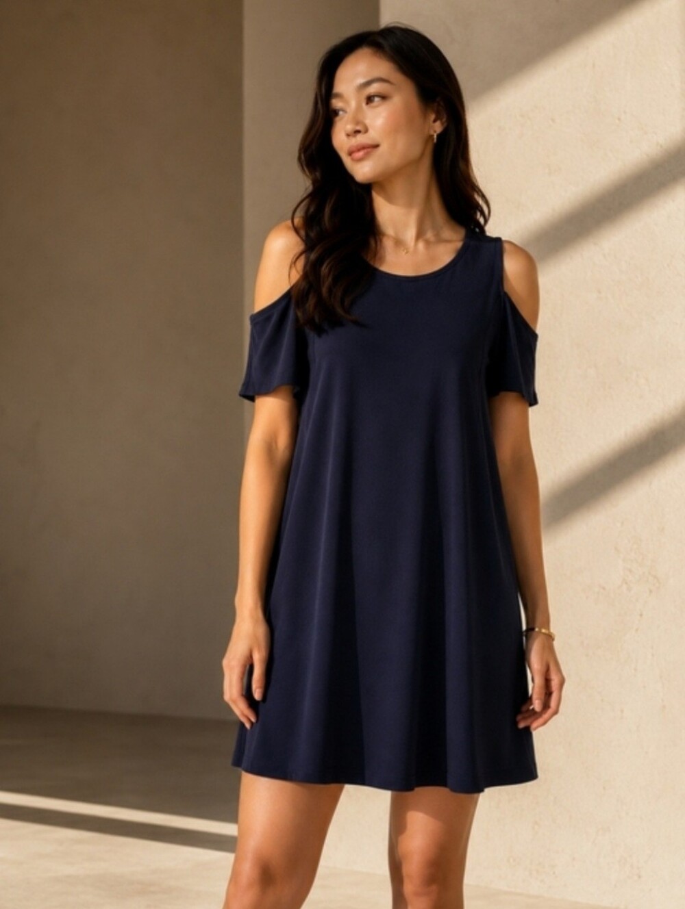 Cold-Shoulder Navy Swing Dress